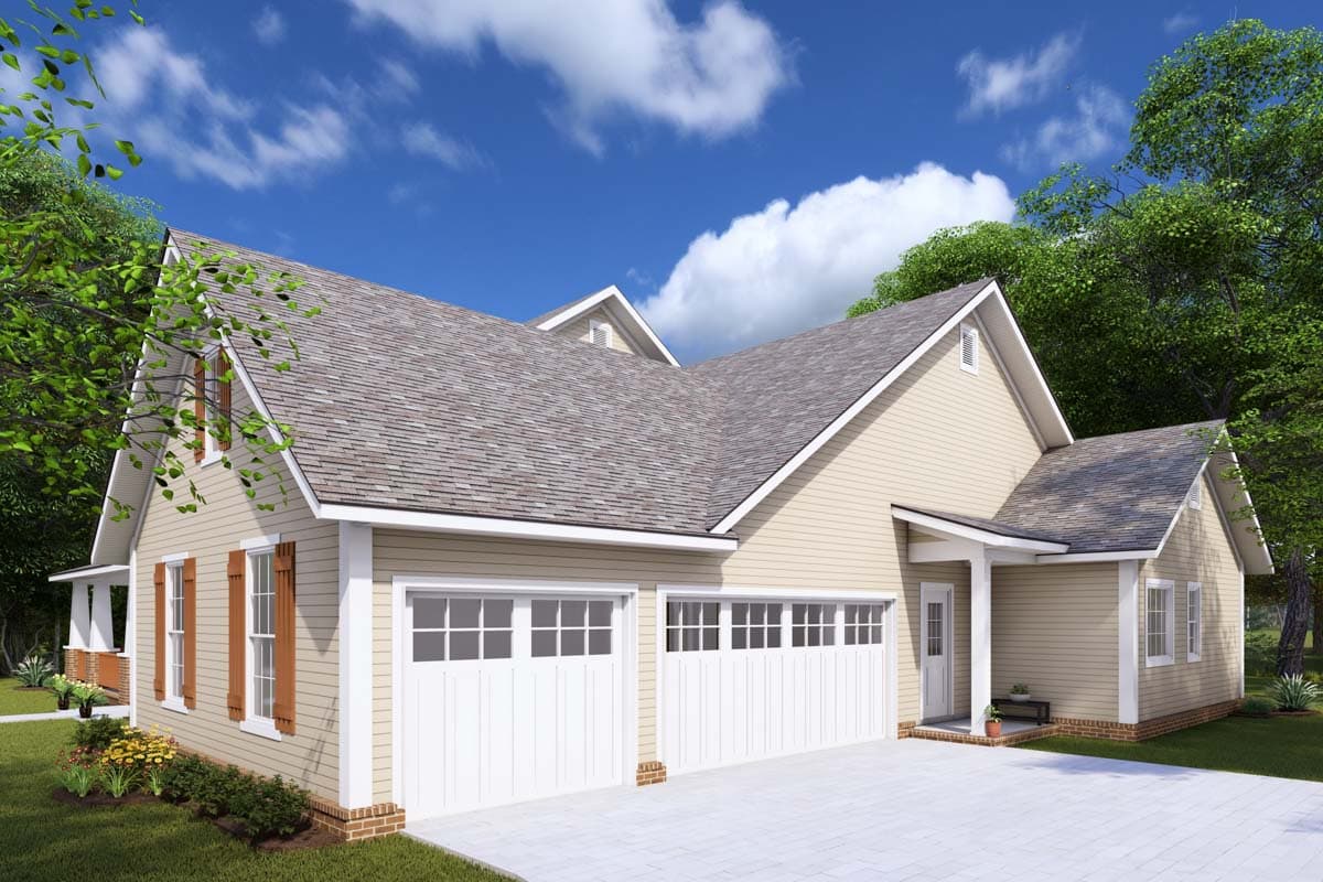 Exterior house plan rendering with a neutral-tone siding, a gabled roof, and a three-car garage. Features include dormers and shutters.