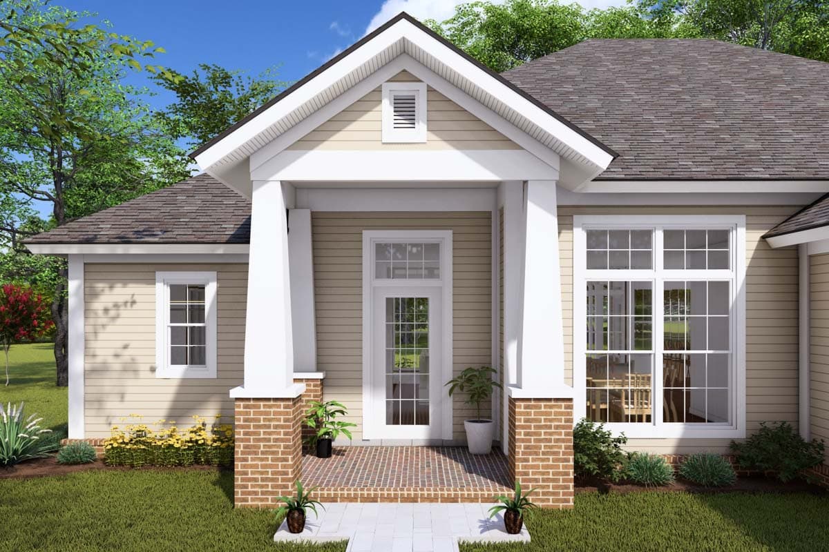 House plan exterior: Modern Farmhouse style, one story, with covered front porch, brick base columns, and gable vent.
