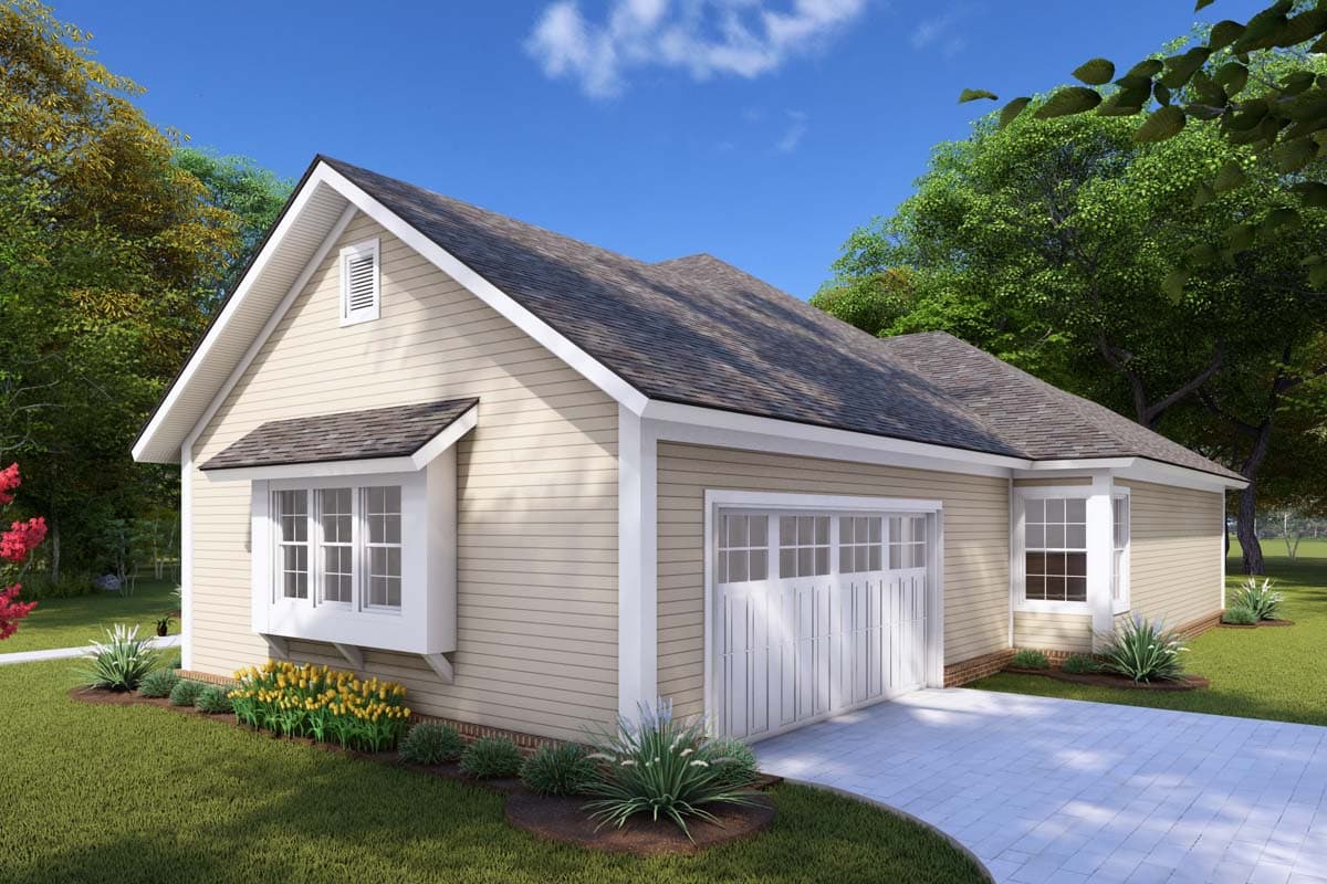 House plan exterior: one-story home with vinyl siding, gabled roof, bay window, and attached garage.