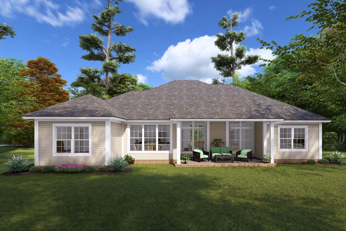 House plan exterior: Single-story ranch with a large covered rear patio, multiple windows, and a hip roof.