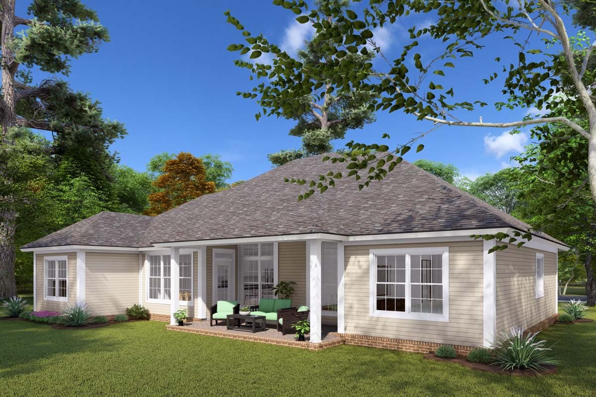 House plan exterior: Single-story home with covered patio, double-hung windows, and hip roof.