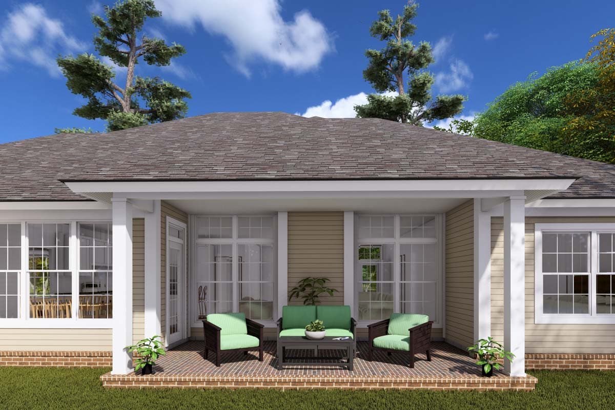 House plan exterior view shows a one-story home with a covered porch, hip roof, and multiple large windows.