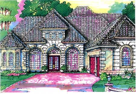 House plan exterior drawing showing a one-story home with a tiled roof, arched windows, a central entrance, and an attached garage.