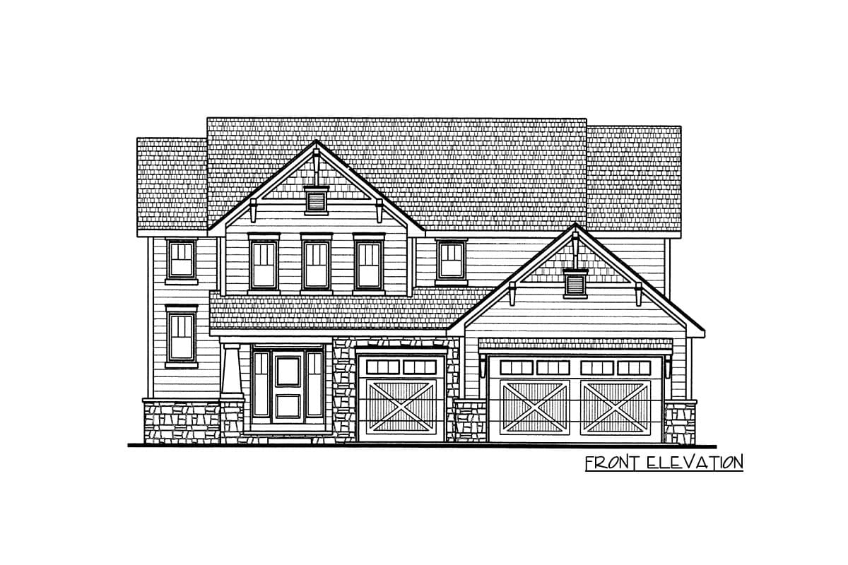 Front elevation house plan showing a two-story home with a covered entryway, stone accents, gables, and a three-car garage.