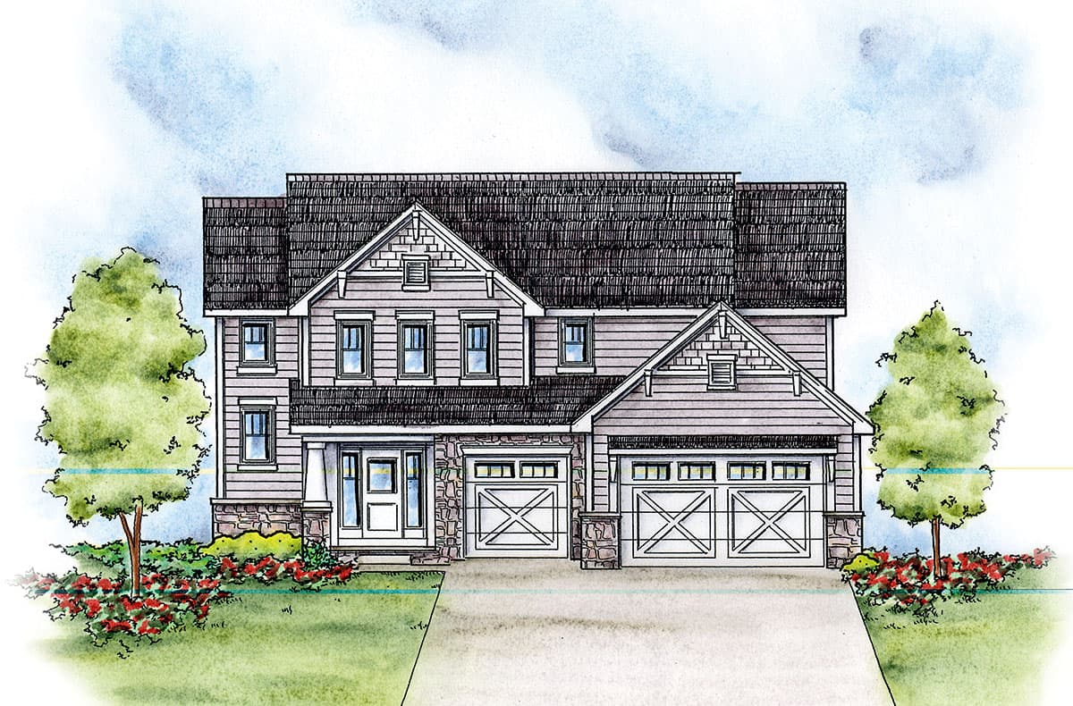 Two-story house plan exterior with stone accents, multiple gables, a covered entry porch, and a three-car garage.