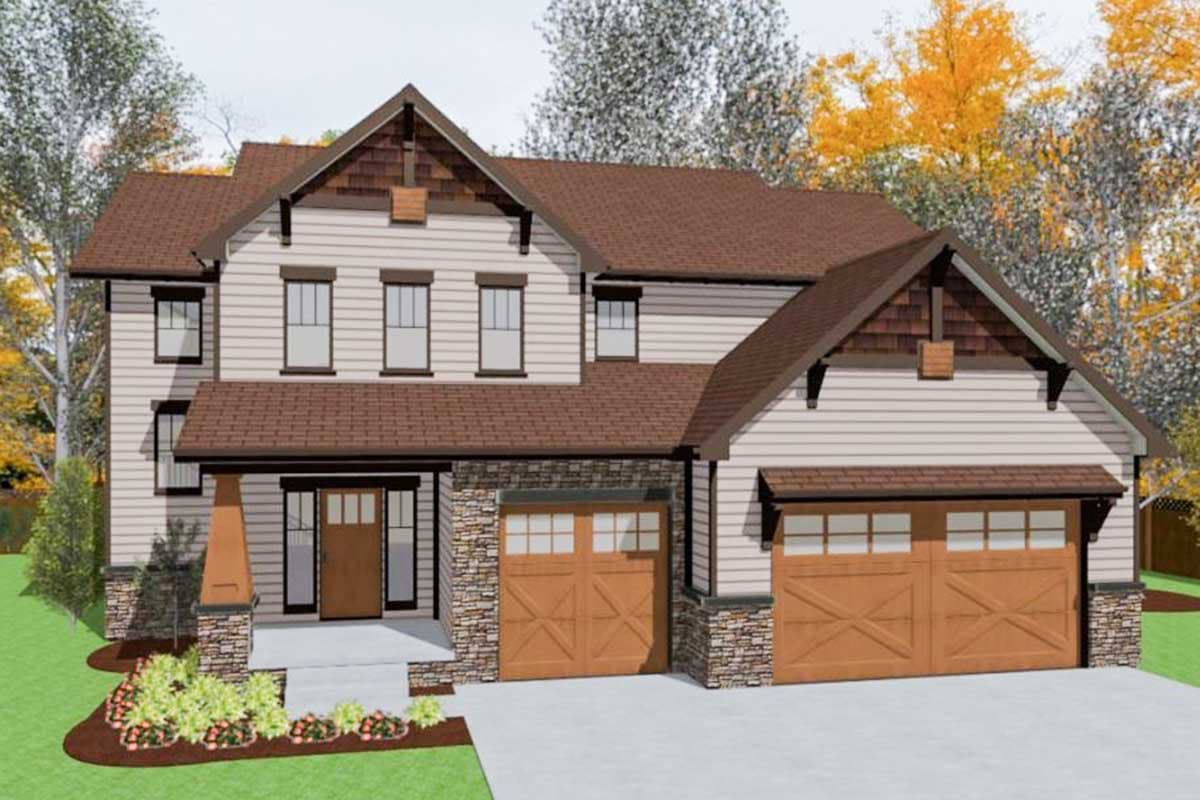 Craftsman style house plan exterior. Two stories, covered front porch, stone accents, and a three-car garage.