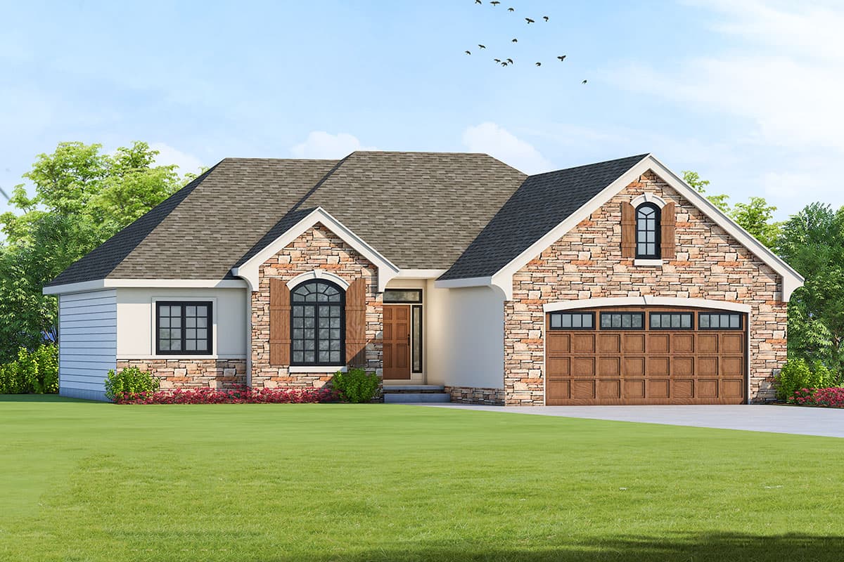 House plan exterior: One-story home with stone accents, arched windows, and a two-car garage.