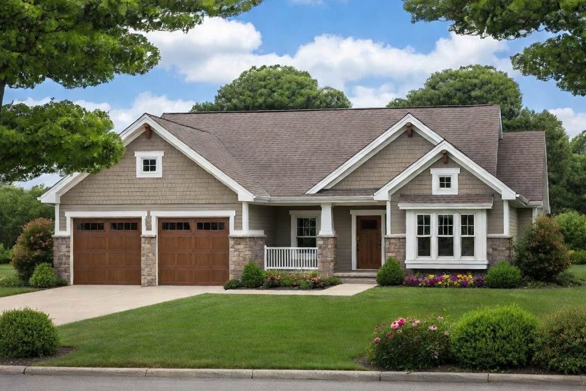 House plan exterior: one-story home with shingle siding, stone accents, a covered front porch, and a three-car garage.