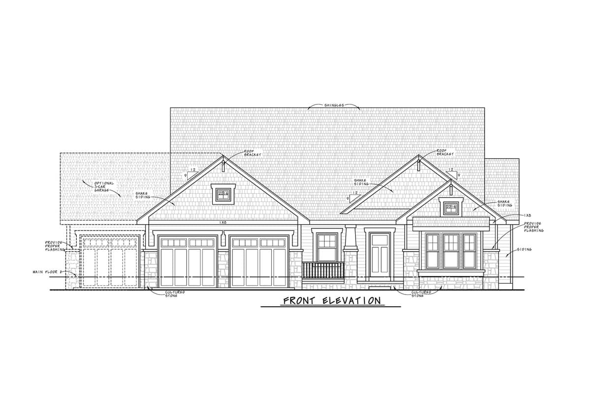 Front elevation drawing of a house plan featuring a three-car garage, stone accents, shake siding, and multiple gables.