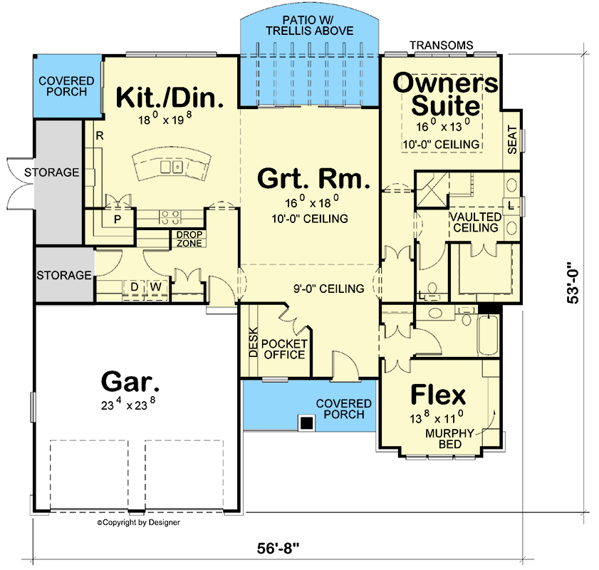 Plan 42207DB: Charming Craftsman Ranch House Plan with 2 Bedrooms and Flex Space - Floor Plan - Main Level - Craftsman, Ranch