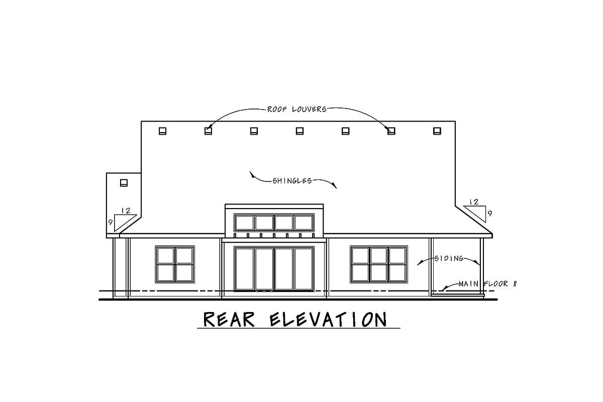 Rear elevation of house plan showing siding, roof louvers, shingles, and multi-pane windows.