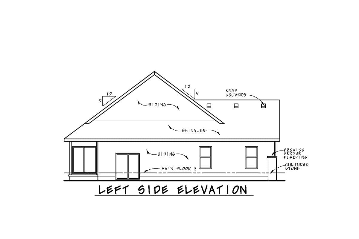 Left side elevation of house plan showing siding, roof louvers, shingles, and cultured stone accents.