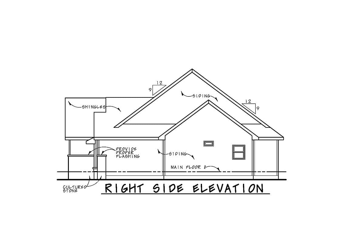 Right side elevation drawing of a house with shingle roof, siding, and cultured stone accents on the foundation.