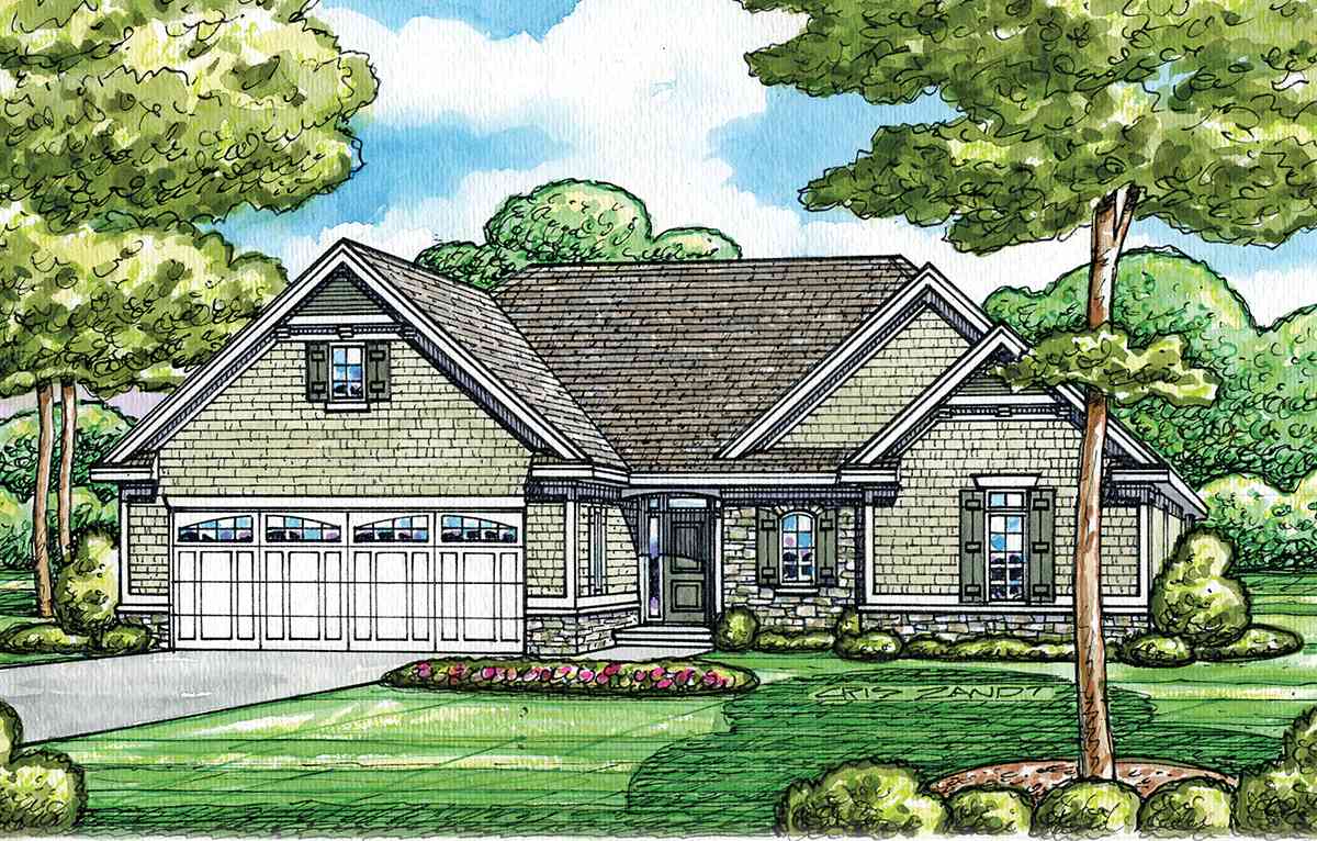 House plan exterior: One-story Modern Farmhouse with a covered entry, gabled dormers, shake siding, stone accents, and a two-car garage.