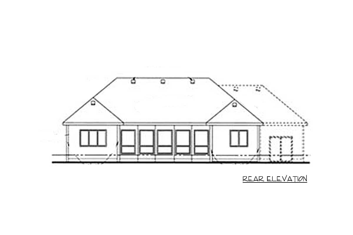 Rear elevation drawing of a single-story house plan with multiple windows and a two-door garage.
