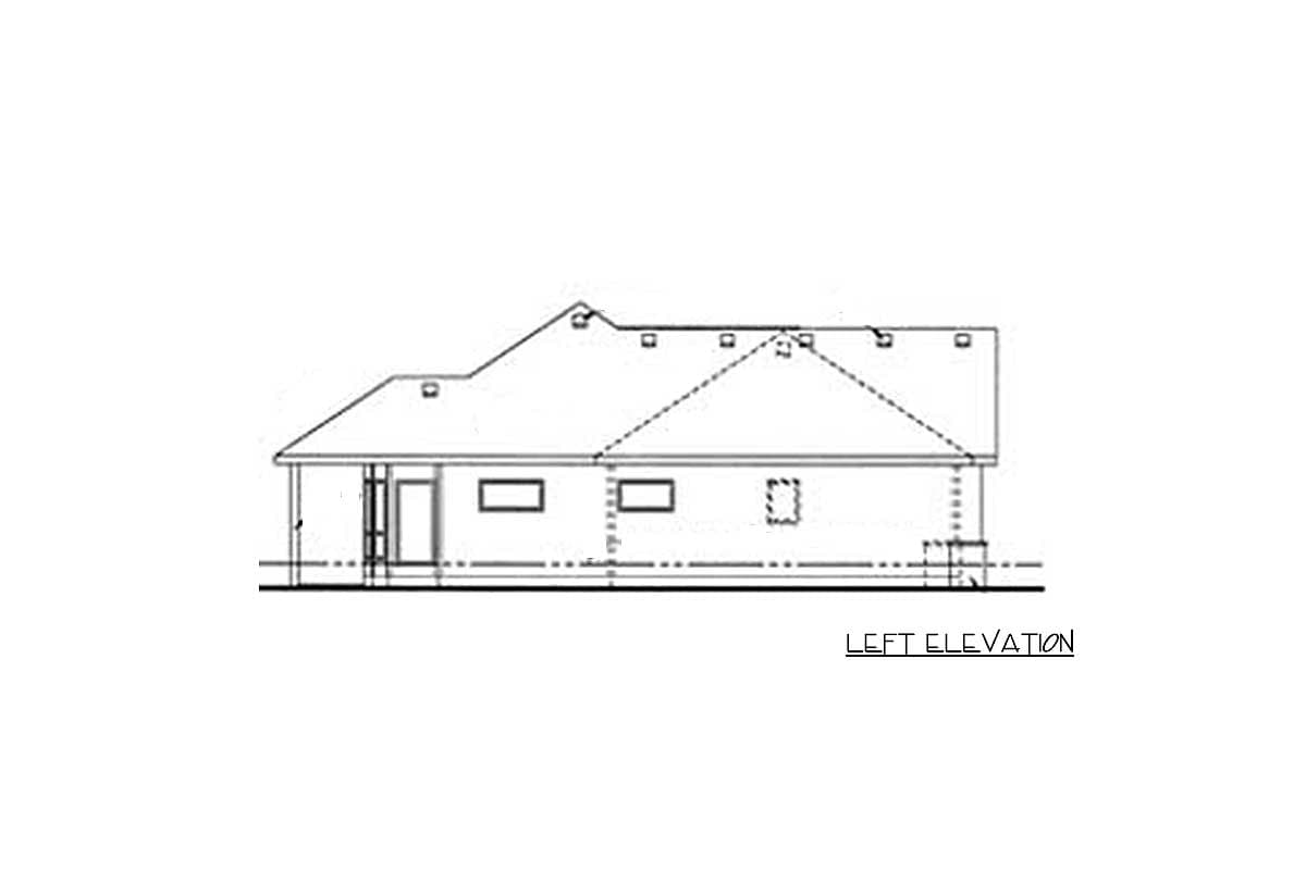 Left elevation drawing of a single-story house plan, showing rooflines, windows, and door.
