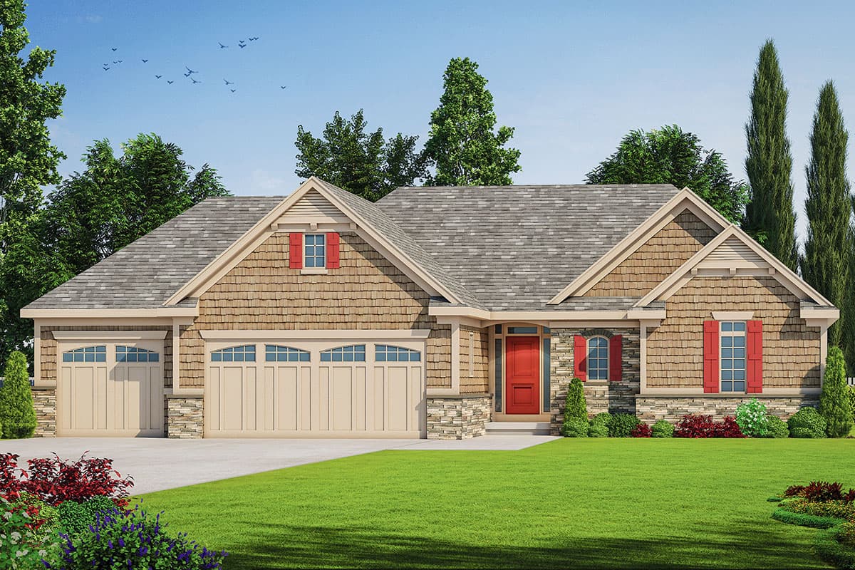 House plan exterior: Single-story Ranch-style home with three-car garage, stone accents, shingle siding, and dormer.