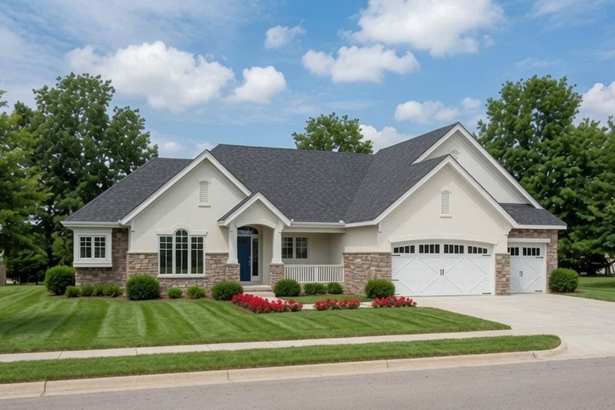 House plan exterior of a single-story home with a dark roof, stone accents, front porch, and a three-car garage.
