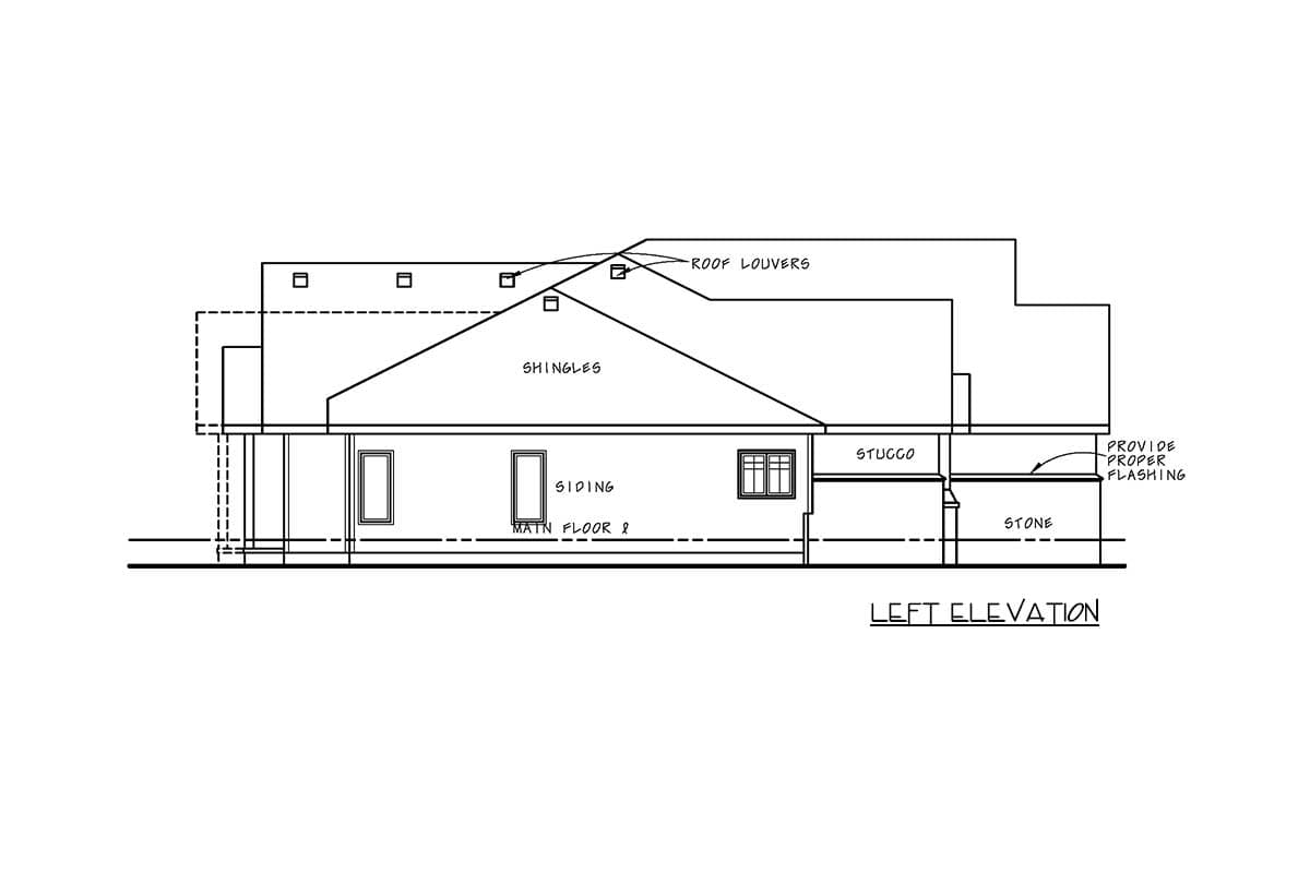 Left elevation house plan showing shingles, siding, stucco, and stone details.