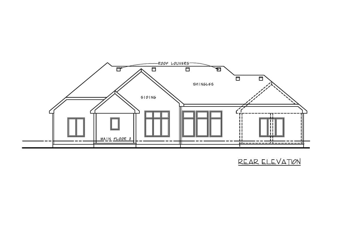 Rear elevation drawing showing siding, shingles, roof louvers, and multiple windows.
