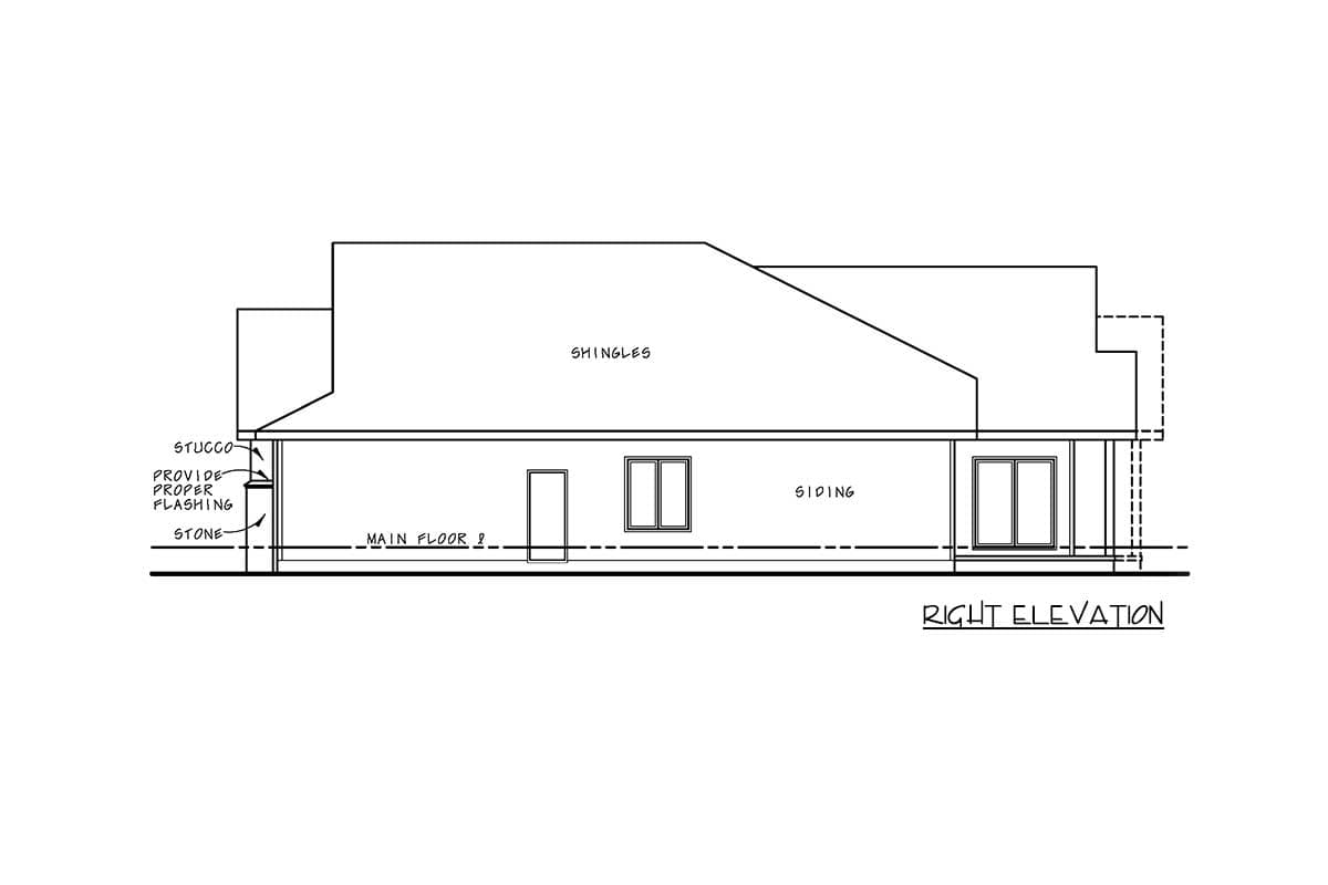 Right elevation drawing shows a house plan with shingles, siding, stucco, and stone accents.