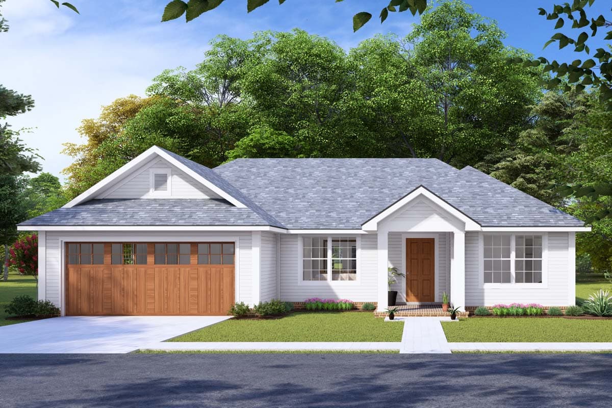 Modern Farmhouse house plan exterior with gabled dormer, single-story, and side-entry garage with wood doors.