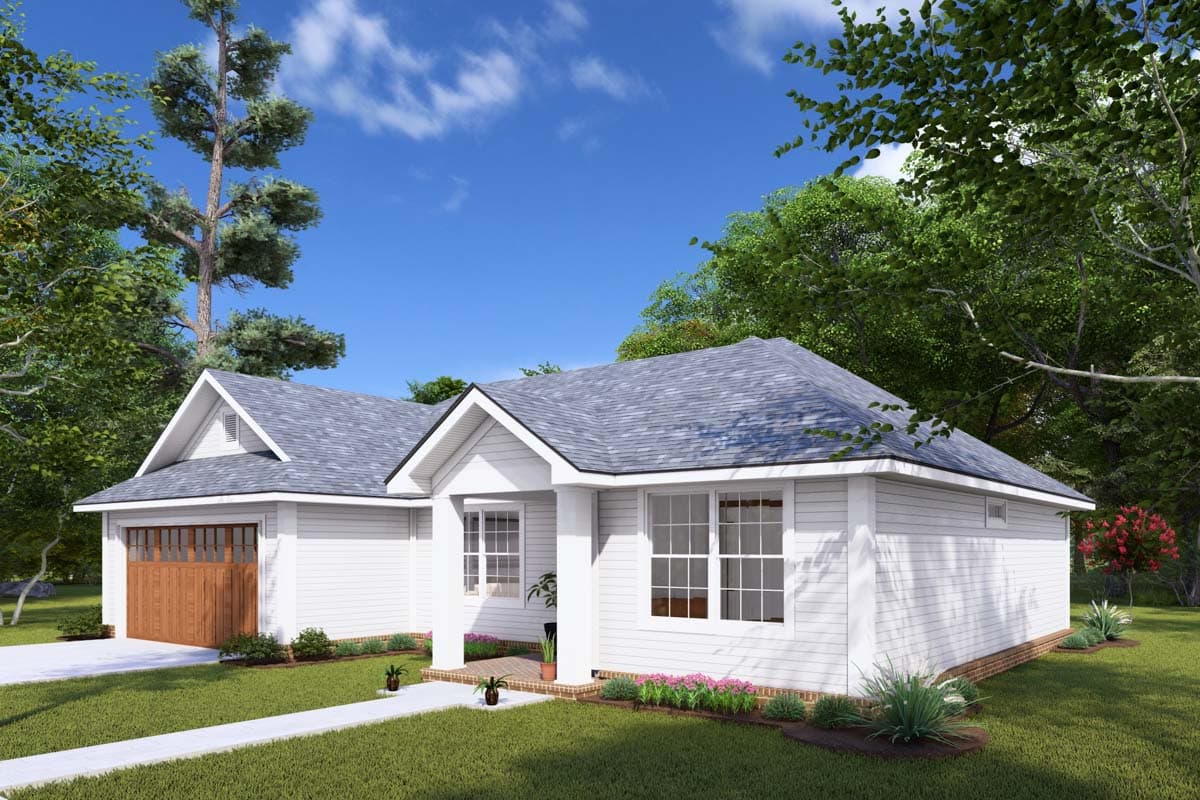 House plan exterior: One-story, white siding home with a covered front porch, gable, and attached garage with wood door.