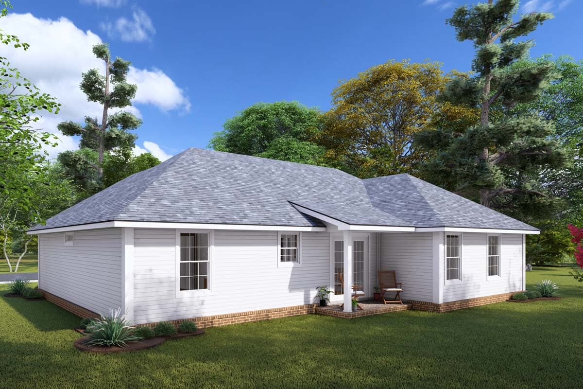 House plan exterior: single-story Ranch style with a gable roof, white siding, and a covered entry with two support columns.