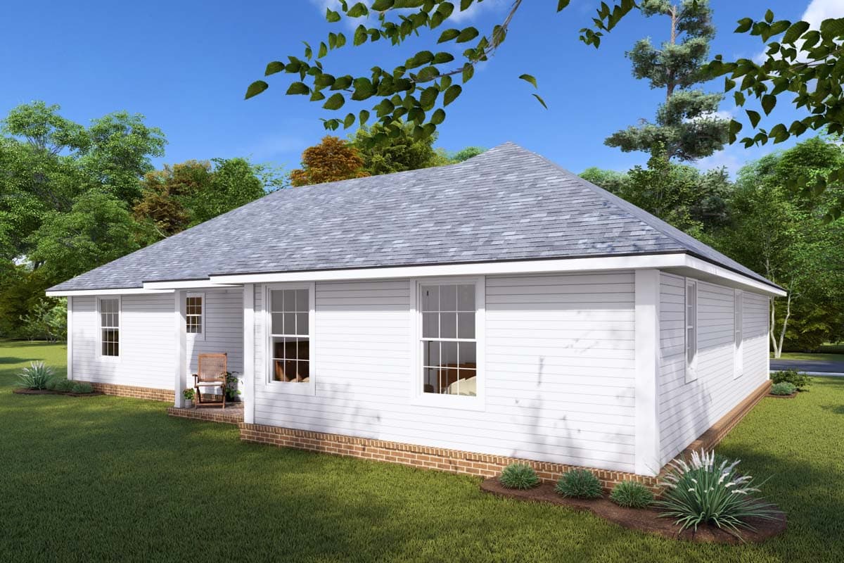 House plan exterior: Single-story ranch style with white lap siding, gable roof, and two visible front-facing windows.