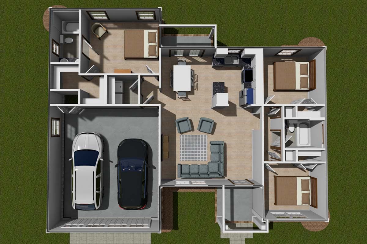 Plan 42227WM: 3-Bed Simple Split Bedroom Country House Plan - 1142 Sq Ft - Image #7 - Country, Ranch, Traditional