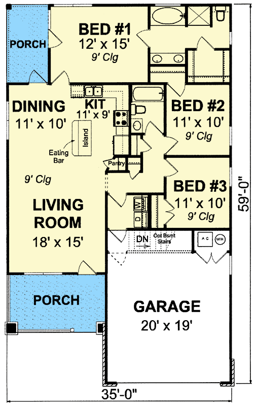 Plan 42230WM: One-story Simple 3-bed House Plan with Open Floor Plan - Floor Plan - Main Level - Cottage, Country, Craftsman