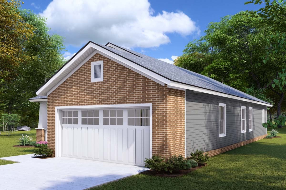 House plan exterior with brick front, gray siding, gable dormer, and multi-pane garage door.