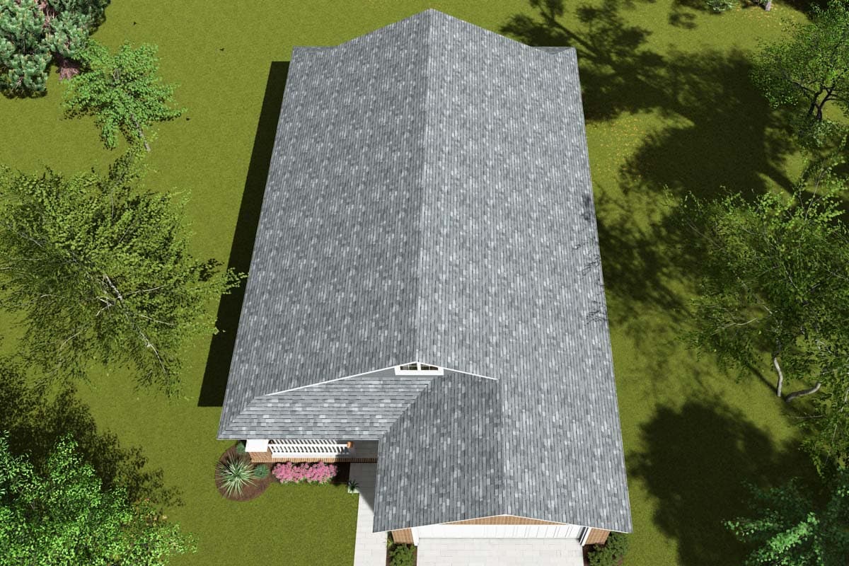 House plan exterior view showing a steeply pitched gable roofline with a dormer, and a front porch with white railings.
