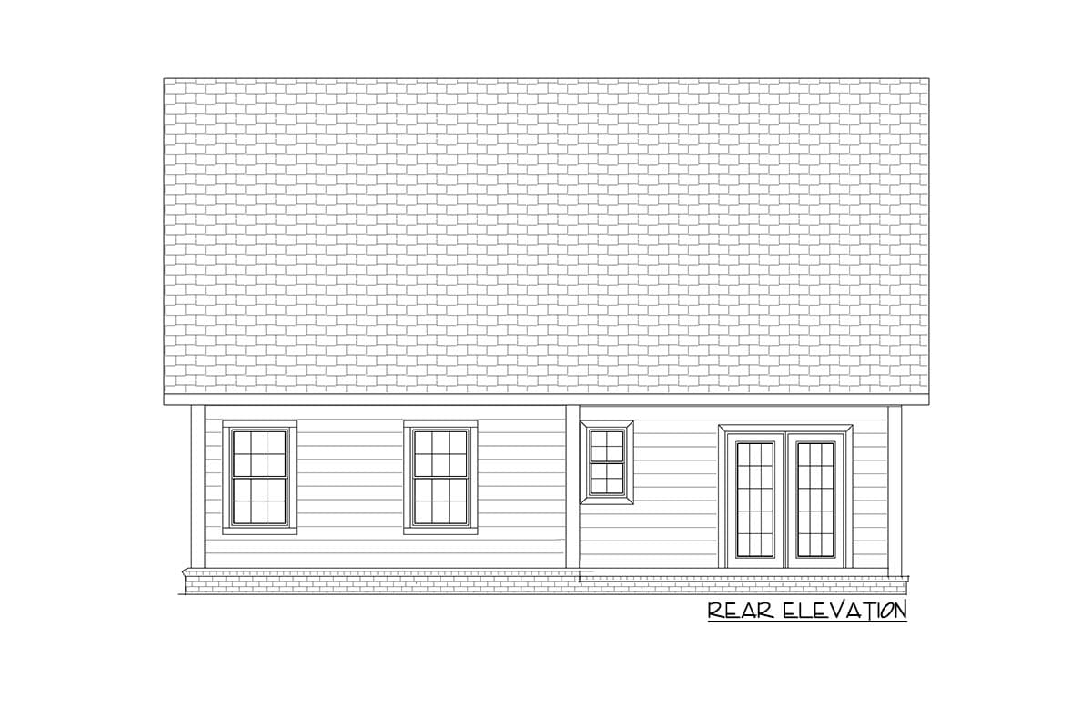 Rear elevation house plan drawing showing two windows, double doors, and a gabled roof.