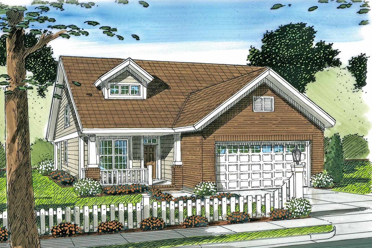 House plan exterior: Craftsman style, one story, with a covered front porch, dormer, and attached two-car garage.