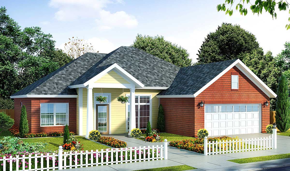 House plan exterior: Single-story home with a gabled porch, brick accents, and a side-facing two-car garage.