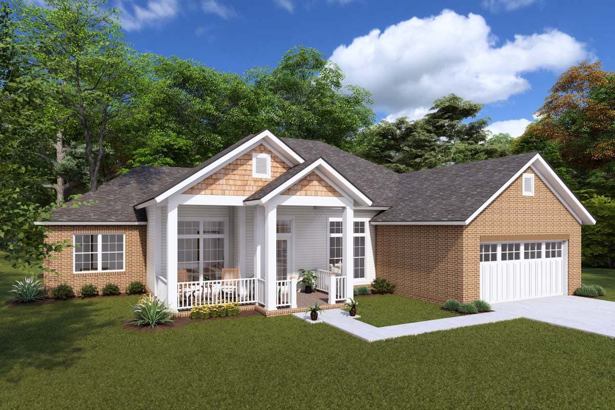 House plan exterior: Ranch style with covered front porch, gables, cedar shingles, and attached garage.
