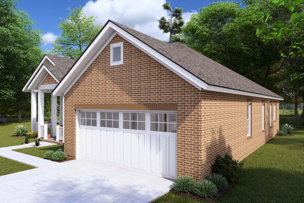 House plan exterior of a one-story brick building with a gable roof, a white garage door, and a covered porch.