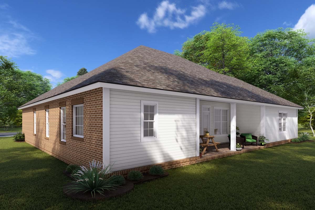 House plan exterior with brick lower walls, white vinyl siding, and a covered porch with seating.