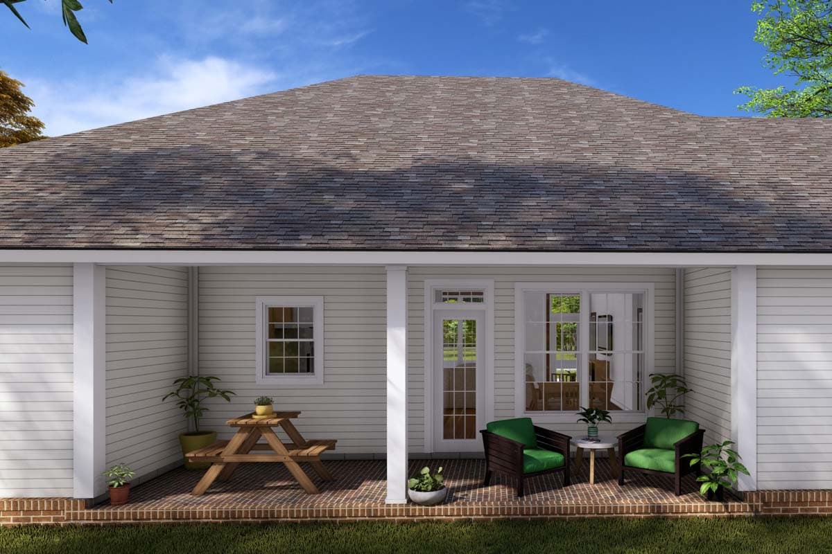House plan exterior: Ranch style, covered porch with columns, double door, and a window.