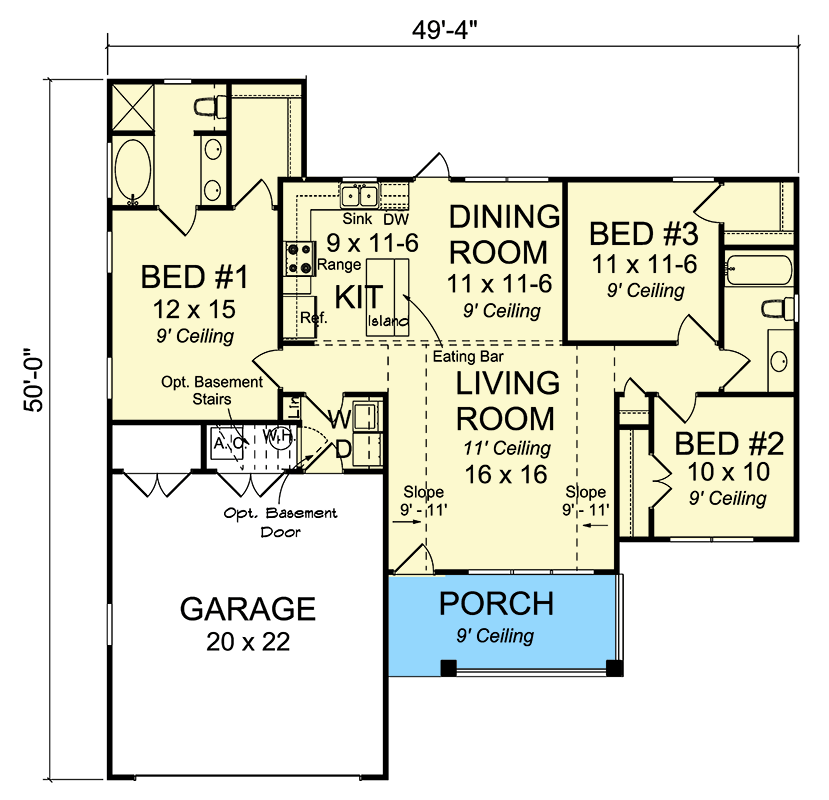 Plan 42243WM: 3-Bed Charming Country House Plan - 1272 Sq Ft - Floor Plan - Main Level - Cottage, Country, Southern, Traditional