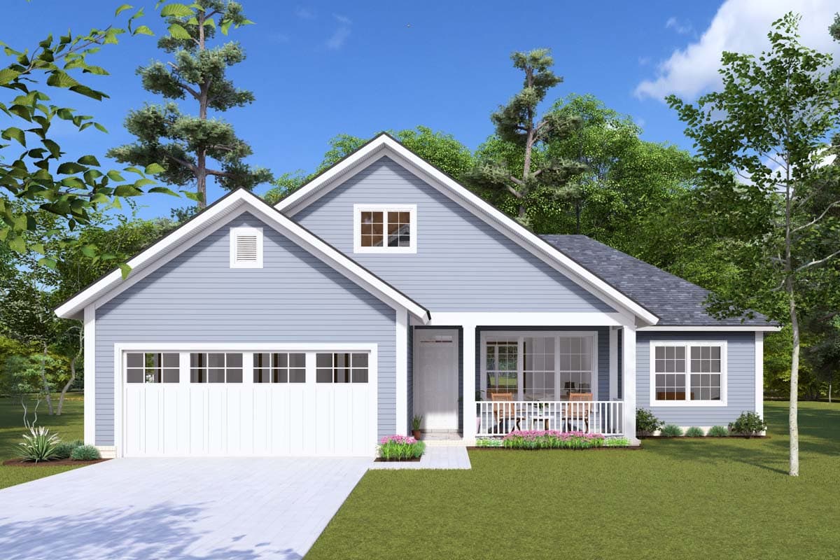 House plan exterior of a one-story Modern Farmhouse with a front-facing garage, gabled dormer, and covered front porch.