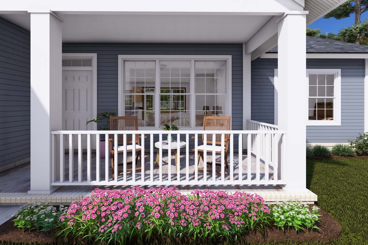 House plan exterior: one-story home with a covered front porch, white railing, double-hung windows, and lap siding.