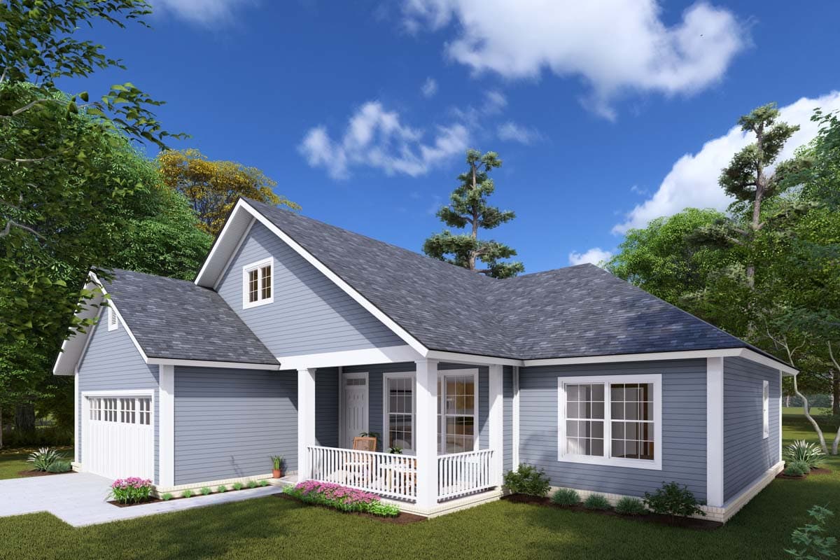House plan exterior: Blue, one-story Modern Farmhouse with gabled roof, front porch, and attached garage.