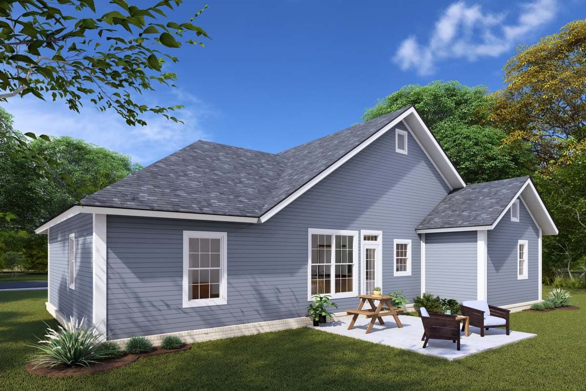 House plan exterior: One-story home with blue siding, white trim, prominent gables, and a pitched roof.
