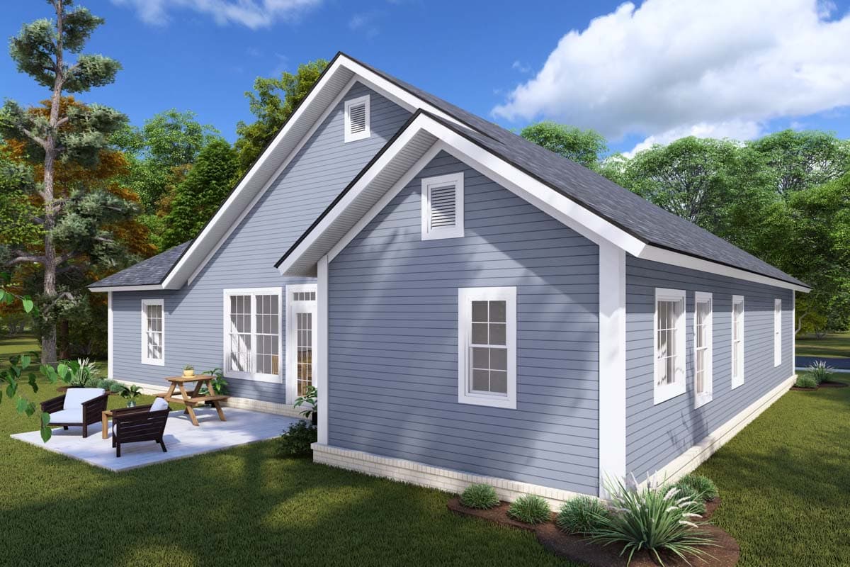 House plan exterior of a one-story home with vinyl siding, gables, dormer windows, and a patio.