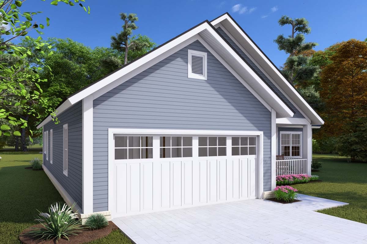 House plan exterior: One-story building with siding, gabled roof, large garage door, and small front porch with railing.