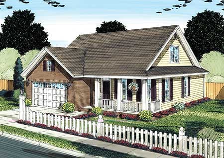 House plan exterior: one-story home with a front-facing garage, gabled dormer, and covered front porch with columns.
