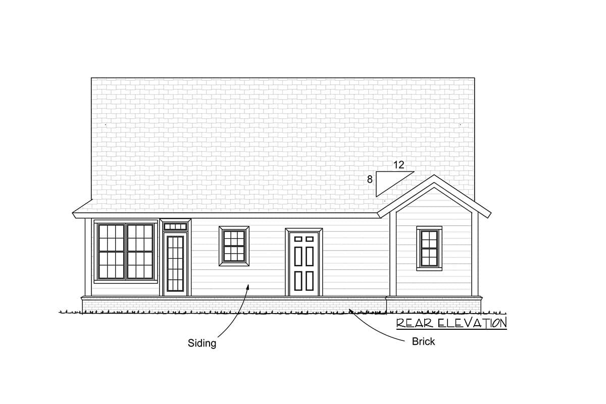 Rear elevation house plan showing siding, double doors, multiple windows, and a gable roof with dormers.