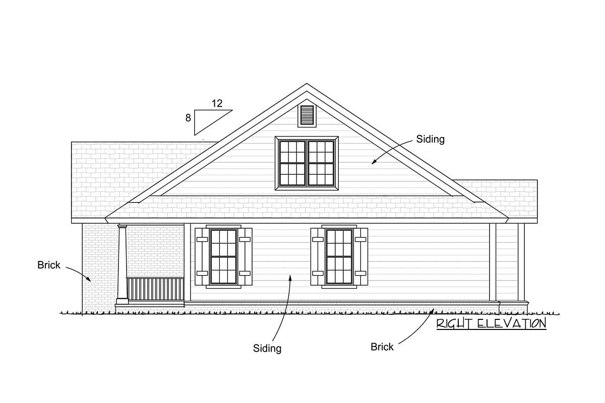 Right elevation house plan exterior with siding, brick base, gabled dormer and covered porch.